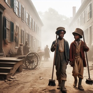 Two African American boys dressed as chimney sweeps circa 1830 walk down the main street of a town. Image created with the assistance of AI.